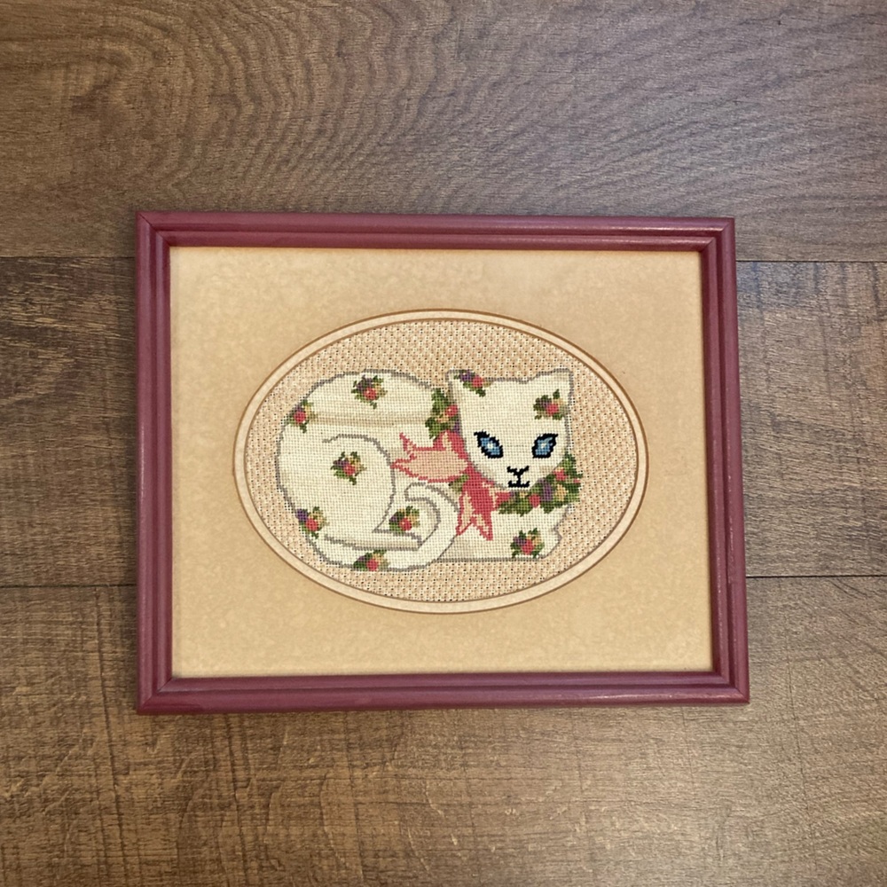 Vintage Framed Cat Wall Art Needlepoint in Burgundy Mauve Frame